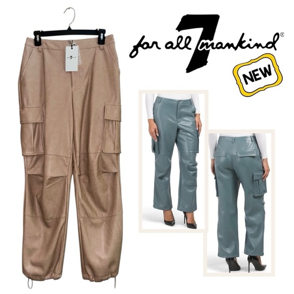 New 7 FOR ALL MANKIND Faux Leather Cargo Pants Vegan Tan Drawstring Ankle Wmn S - Picture 1 of 16